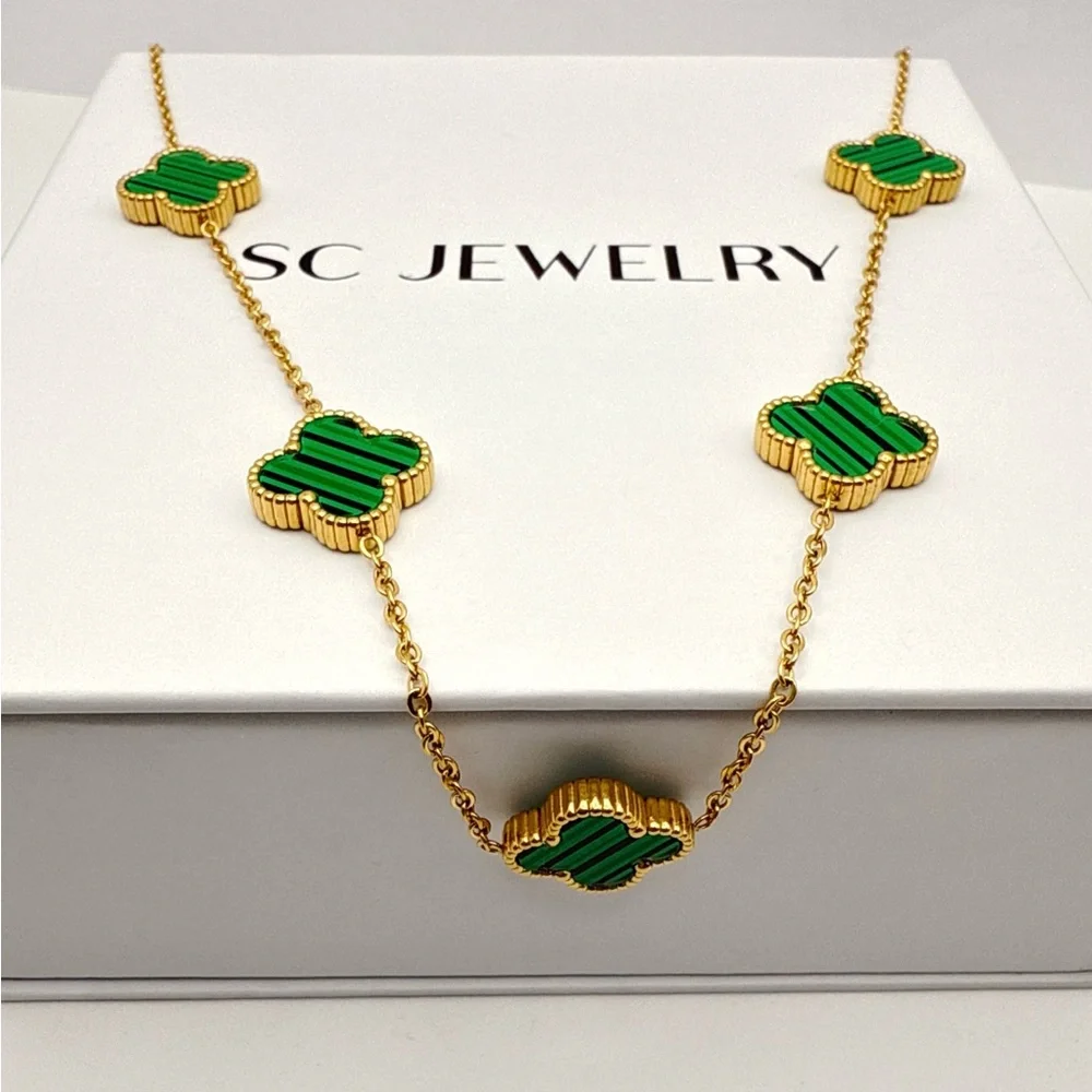 Malachite Clover Necklace Double Sided Stainless Steel 5 Clover